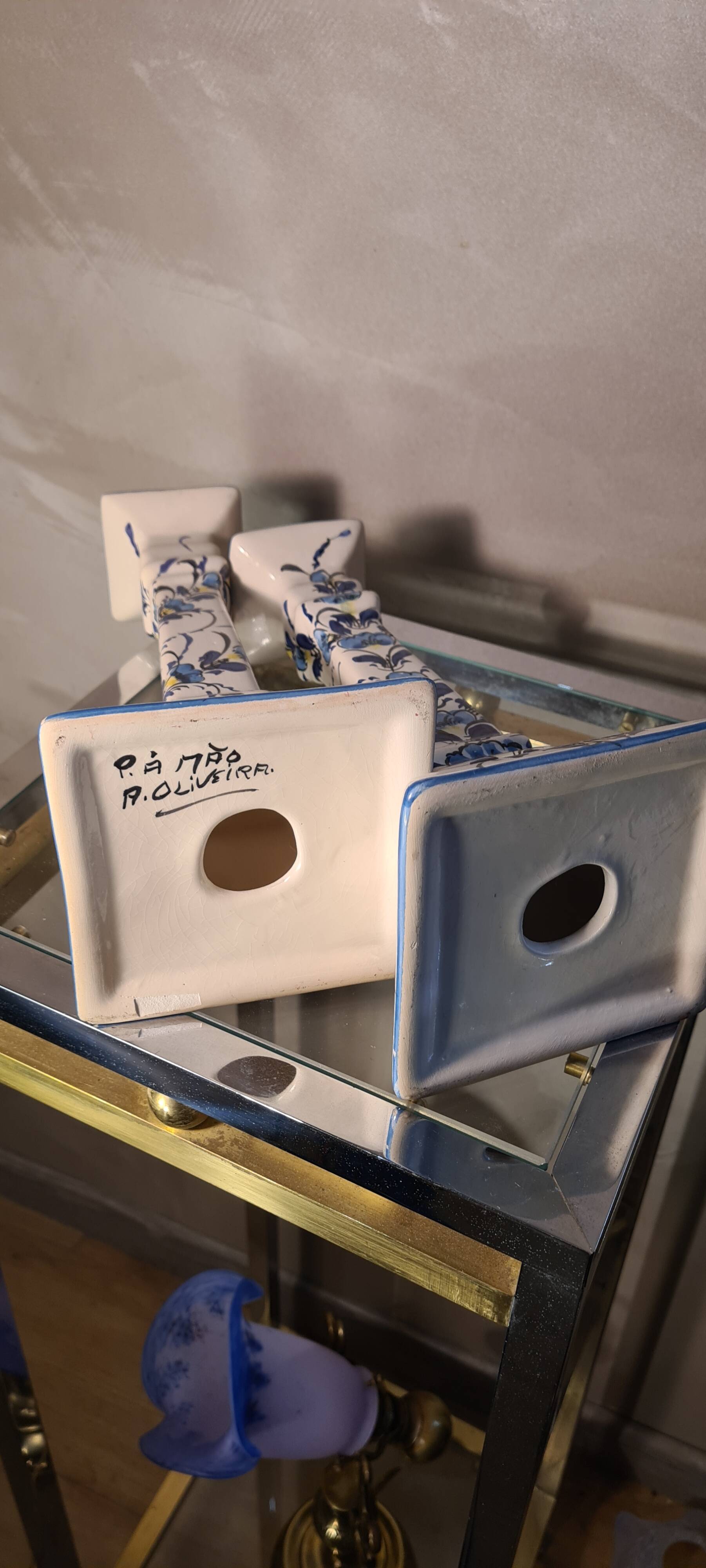 Art deco style ceramic candle holders, hand painted blue flowers. sign