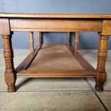 Authentic old coffee table in solid wood and rattan, beveled glass top