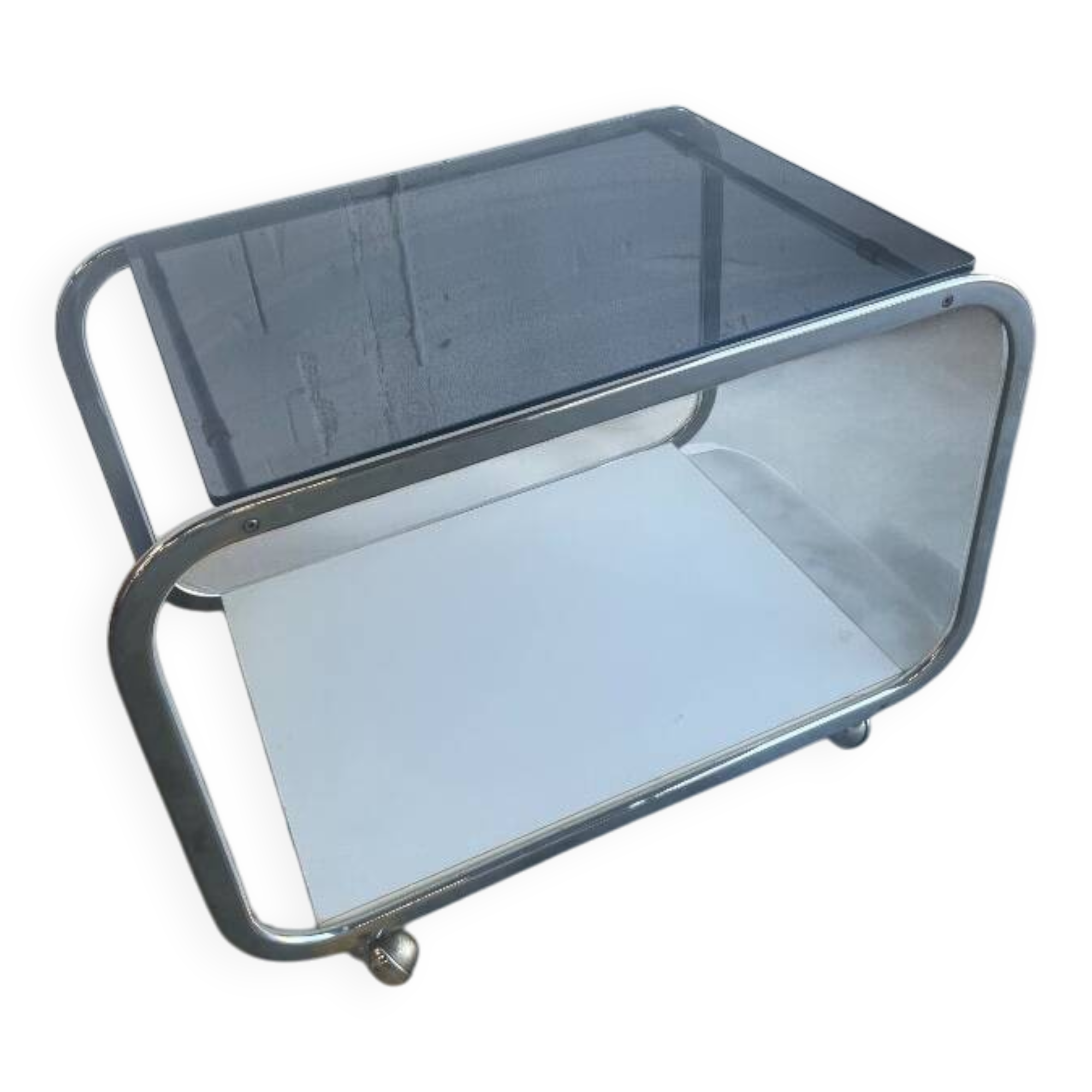 vintage chrome side table/bar cart with glass