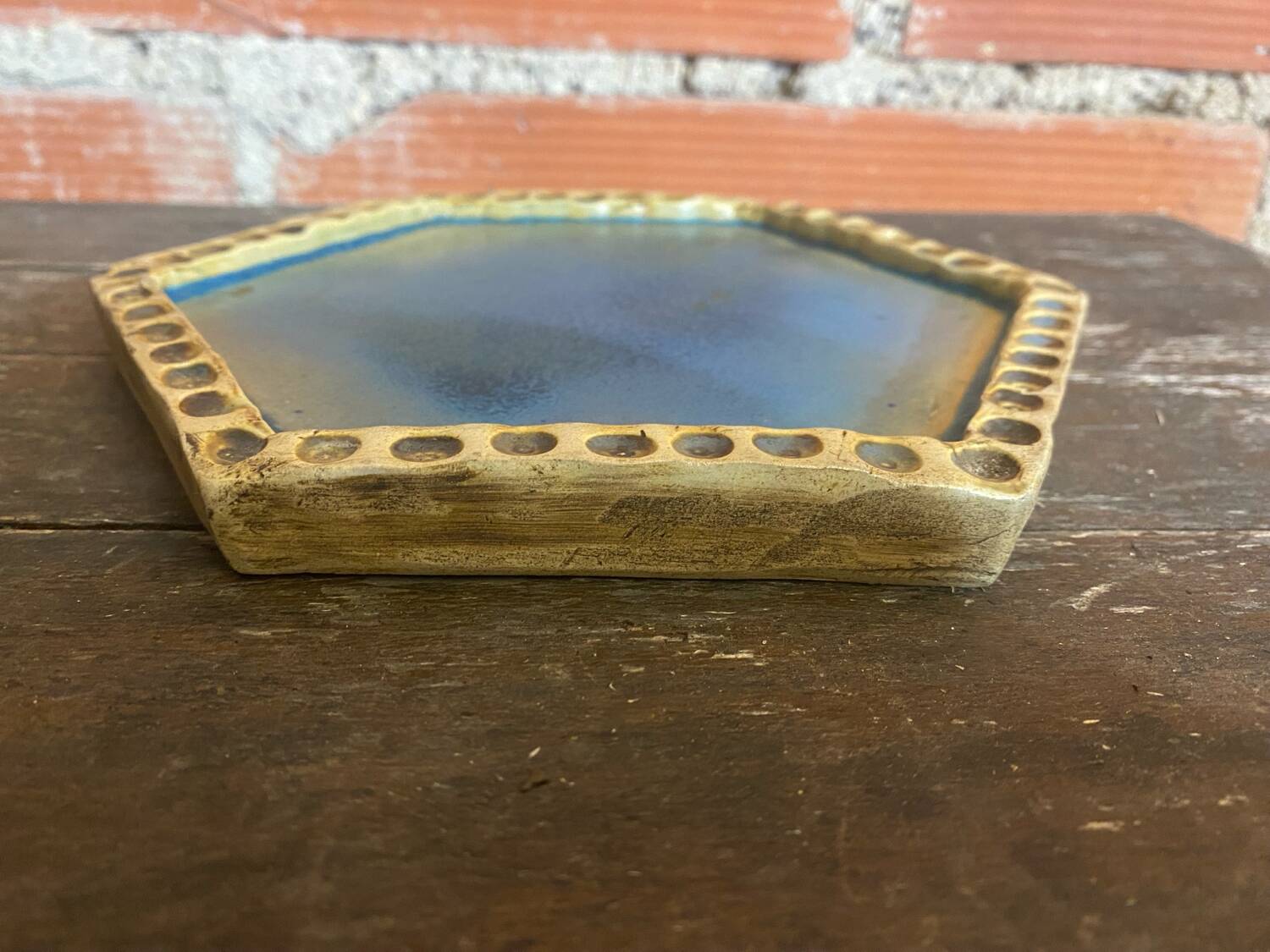 Old Enamelled Blue Stoneware Trivet France #D484