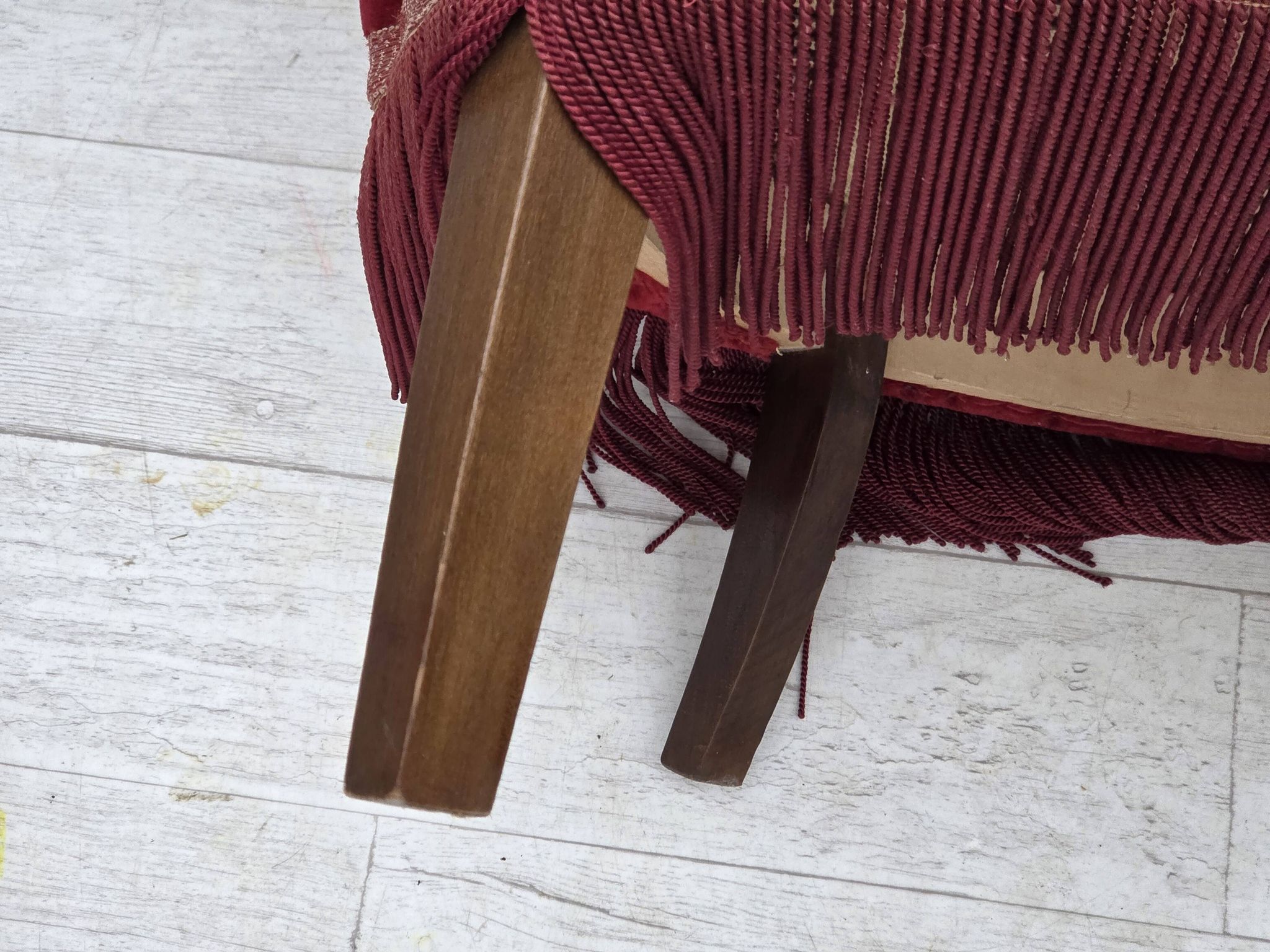 1970s, Danish armchair, cherry-red furniture velour, ash wood legs.