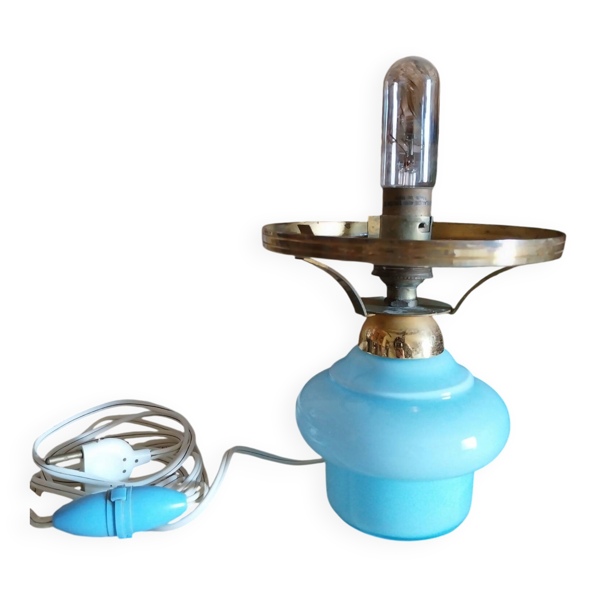 Old lamp base in blue opaline and brass