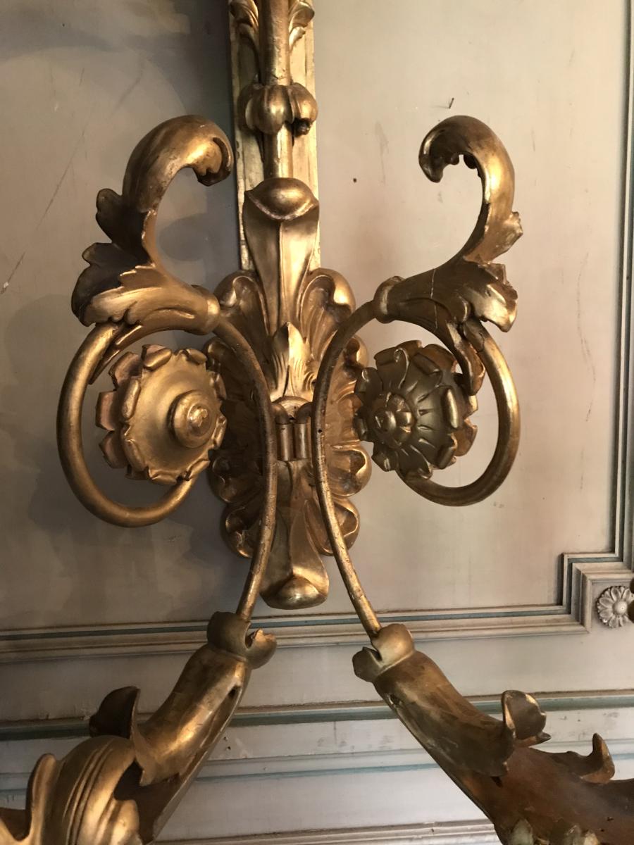 Pair of monumental wall light in golden wood