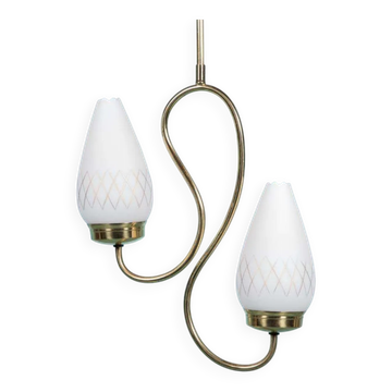 Suspension Midmod suédoise années 50, lampe vintage en opaline
