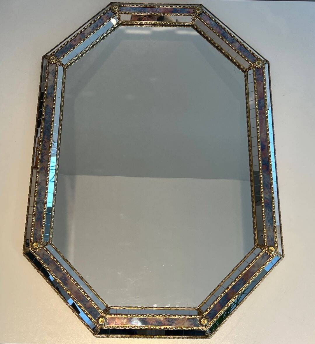 Octagonal Faceted Mirror with Brass Garlands — French Work, Glass
