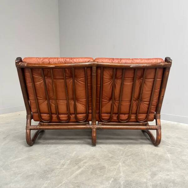 Canapé vintage en bambou et cuir, années 1970