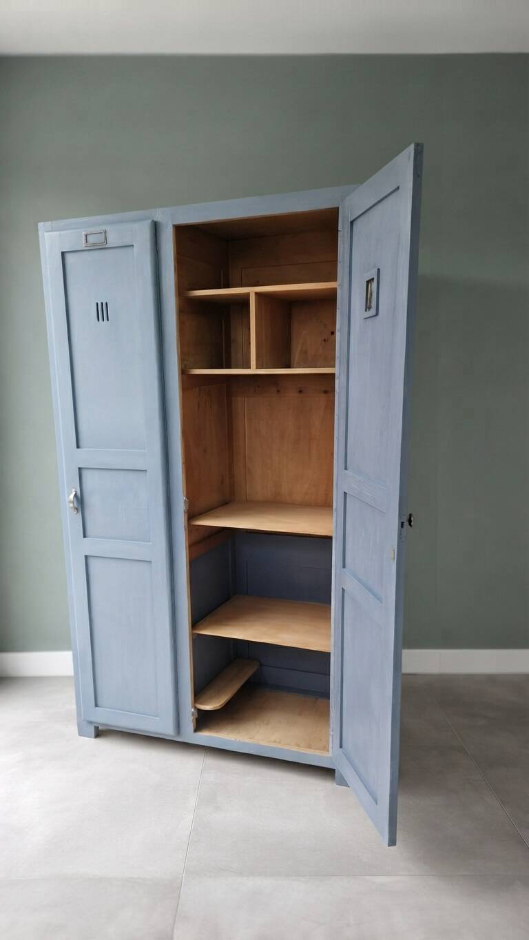 Vintage grey wooden wardrobe from 1914.