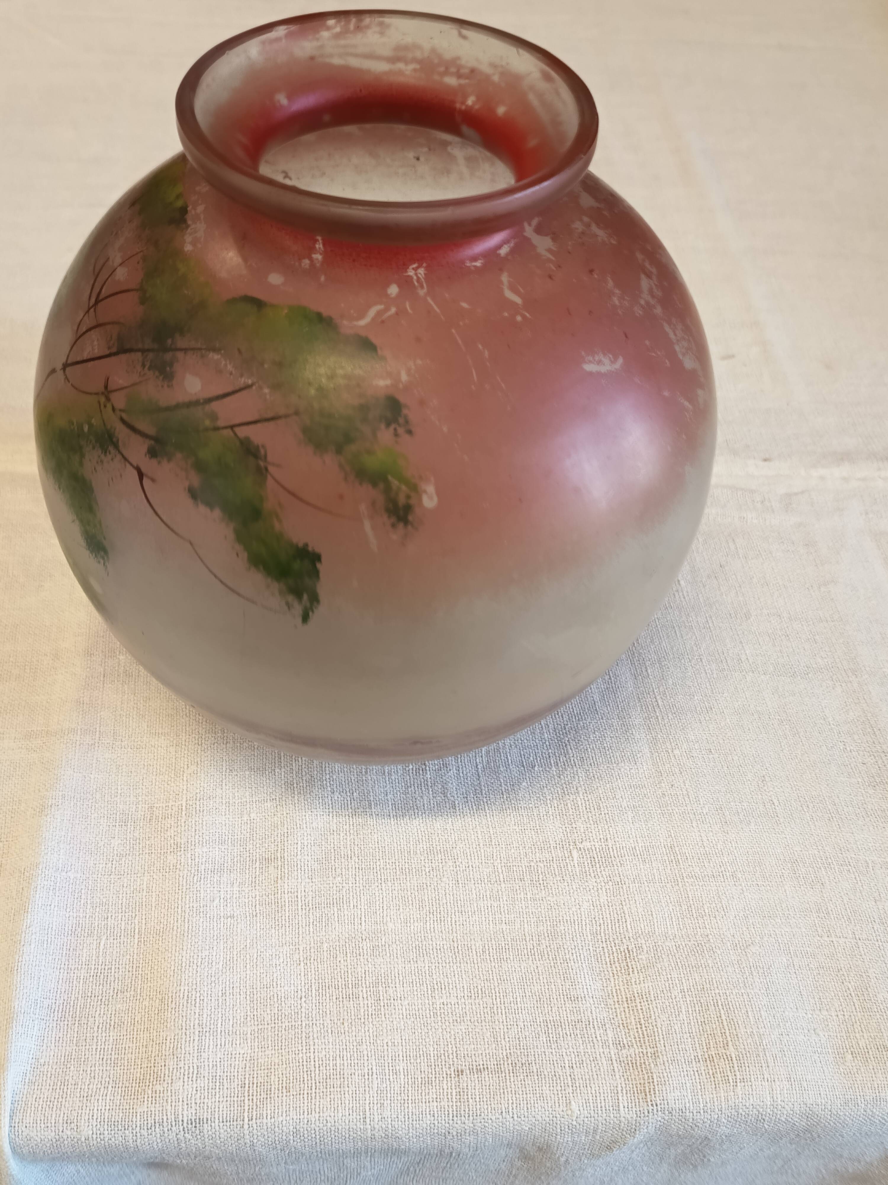 Round glass vase decorated with a landscape according to JS Peynaud.