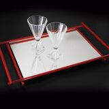 Plateau de service moderne des années 1960 en métal rouge avec cadre en miroir