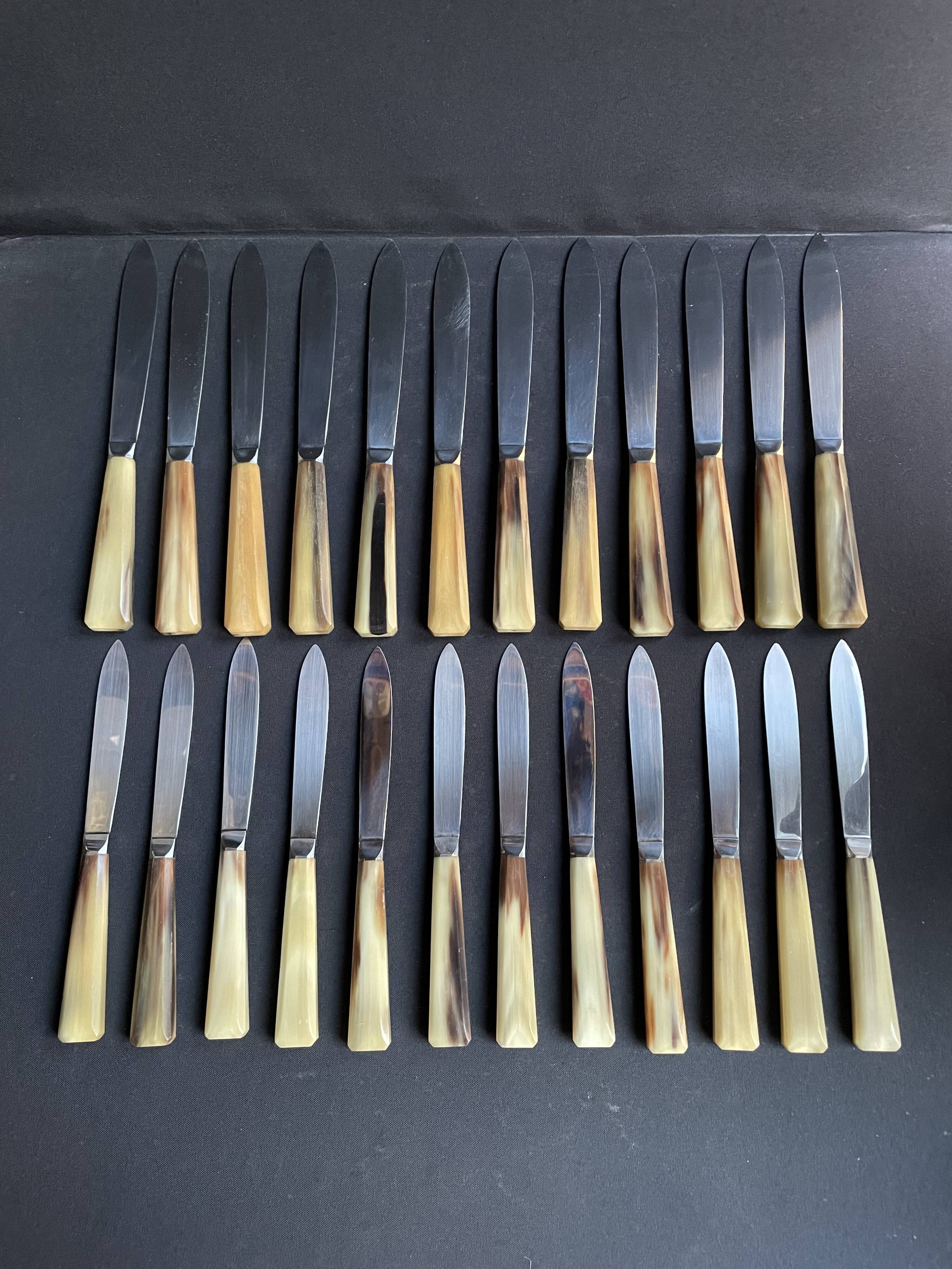 Box of 12 large and 12 small horn handle knives – Art Deco