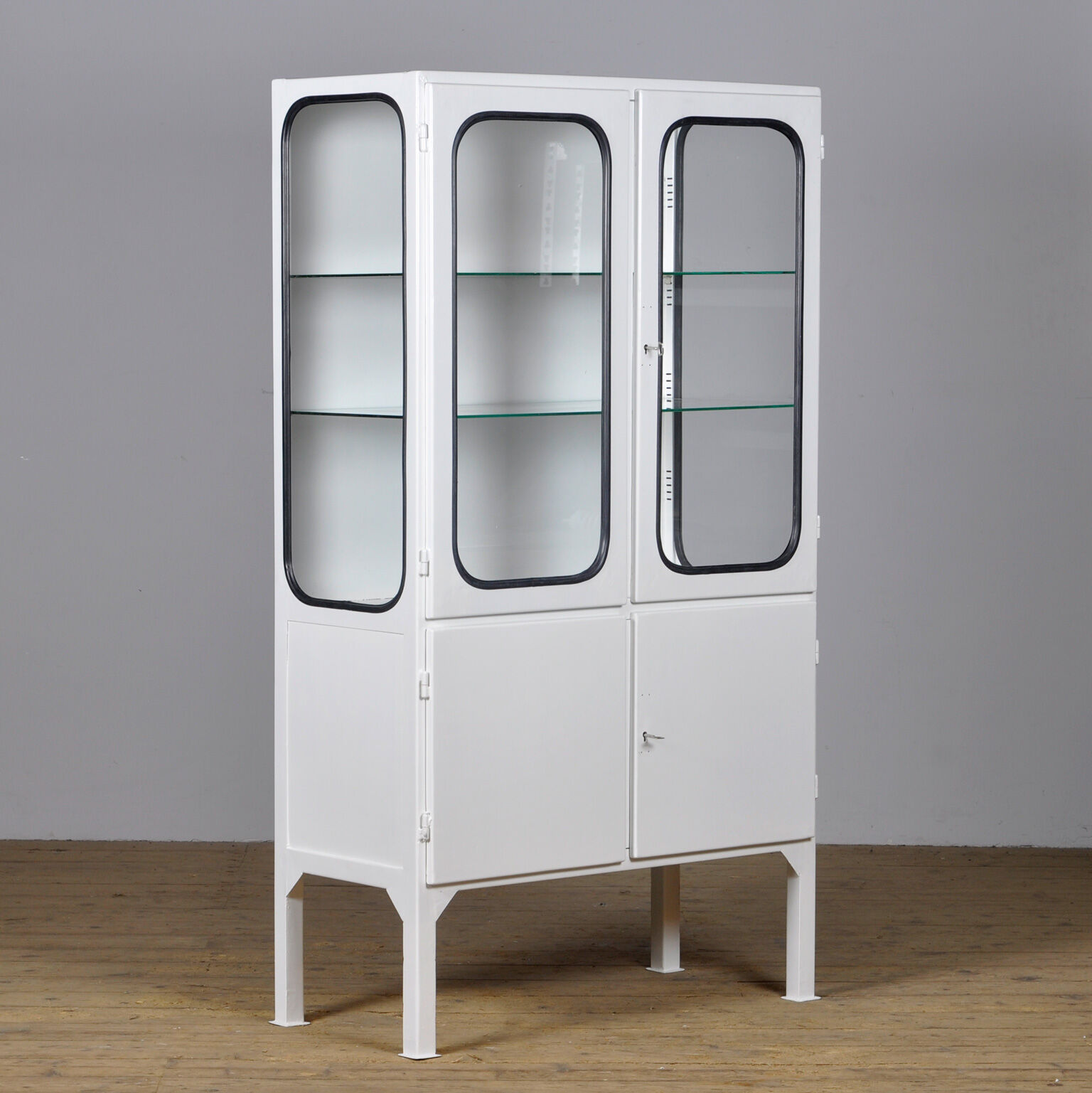 Restored glass & iron medical cabinet, 1970s