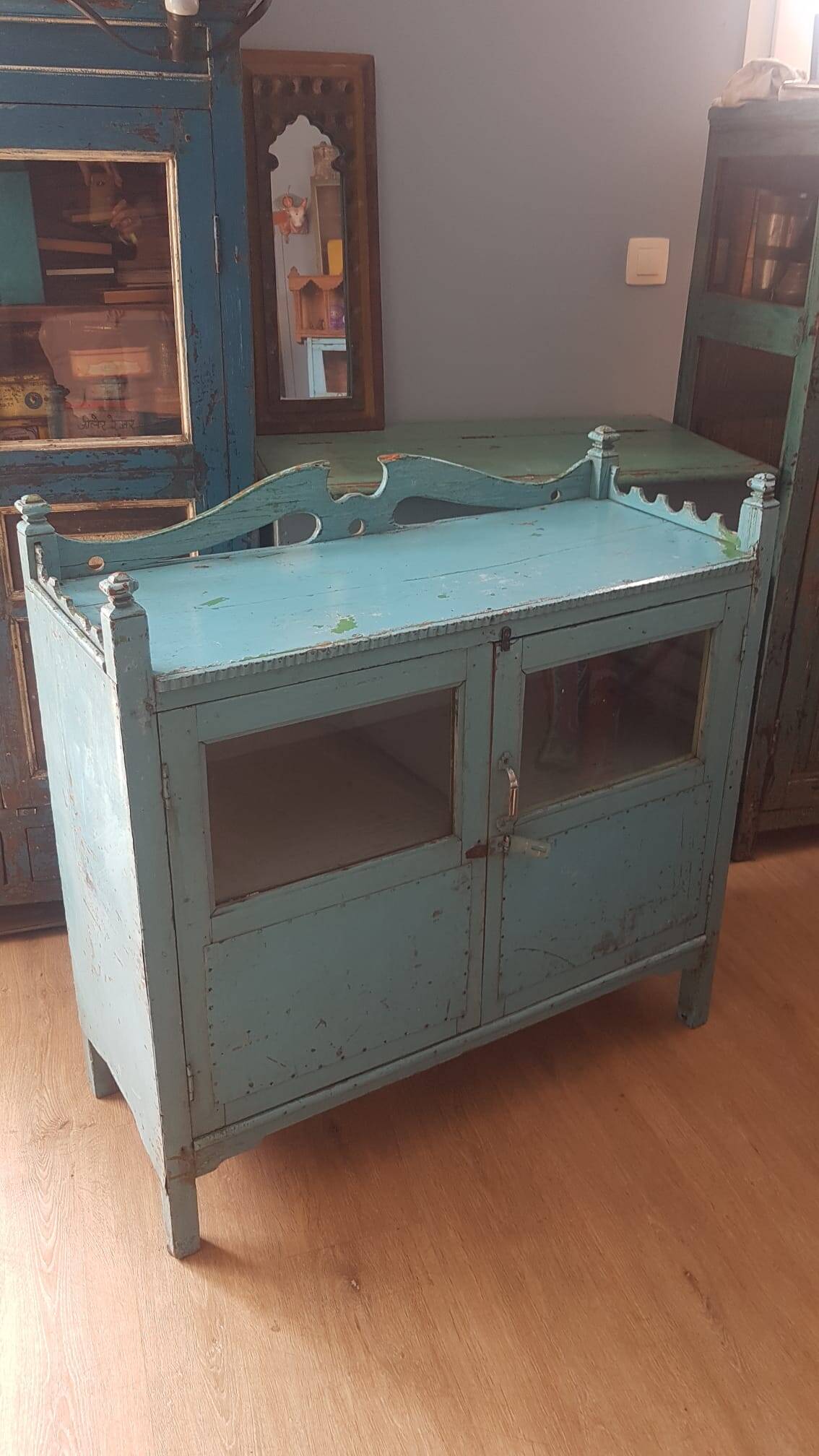 Low turquoise sideboard Indian teak and art deco