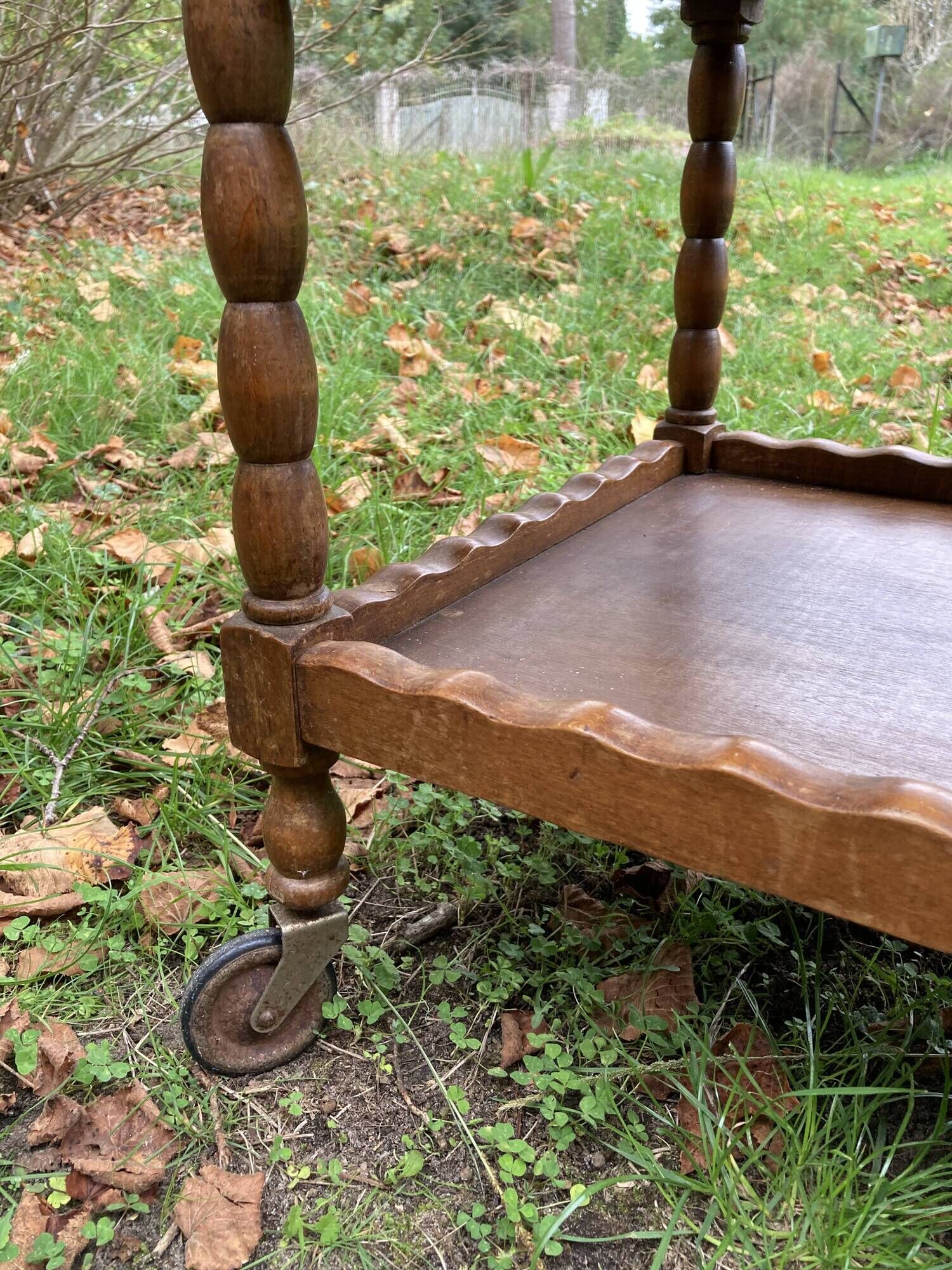 Wooden service turned on old wheels with bottle holder