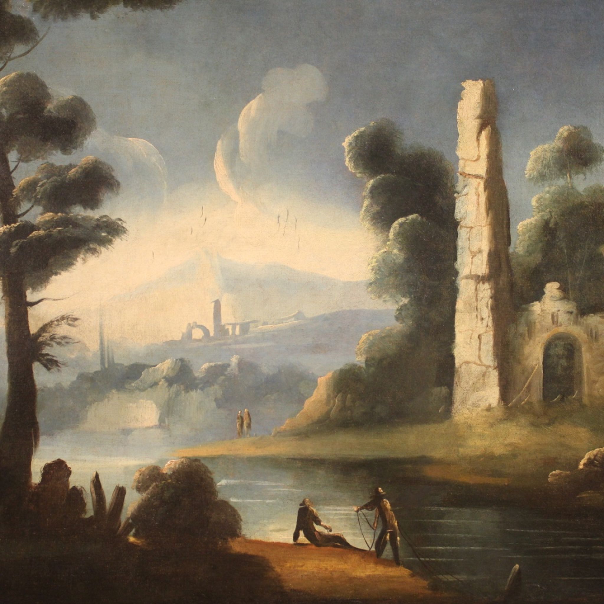 Antique painting river landscape with ruins and fishermen from the XVIIIth century