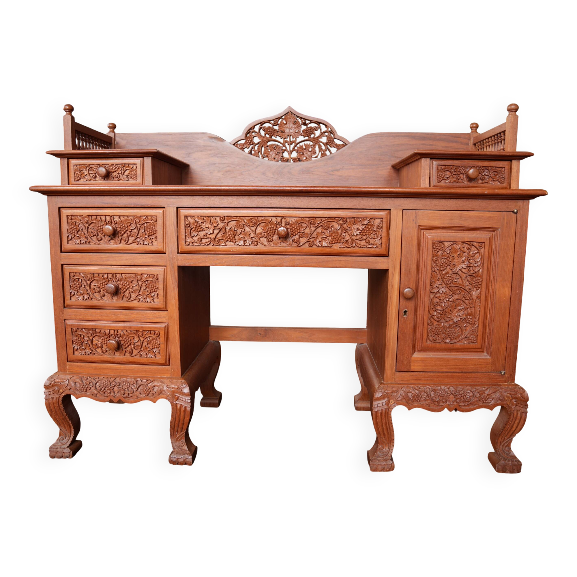 Vintage Vanity Desk, unique hand carved, Chiang Mai teak wood