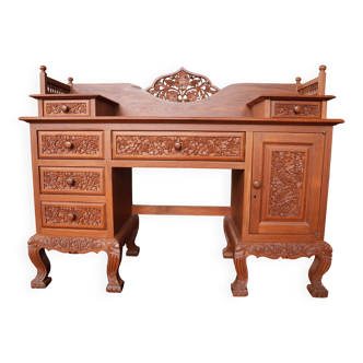 Vintage Vanity Desk, unique hand carved, Chiang Mai teak wood