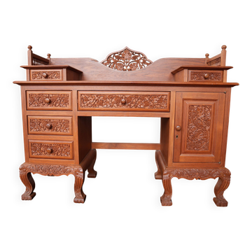 Vintage Vanity Desk, unique hand carved, Chiang Mai teak wood