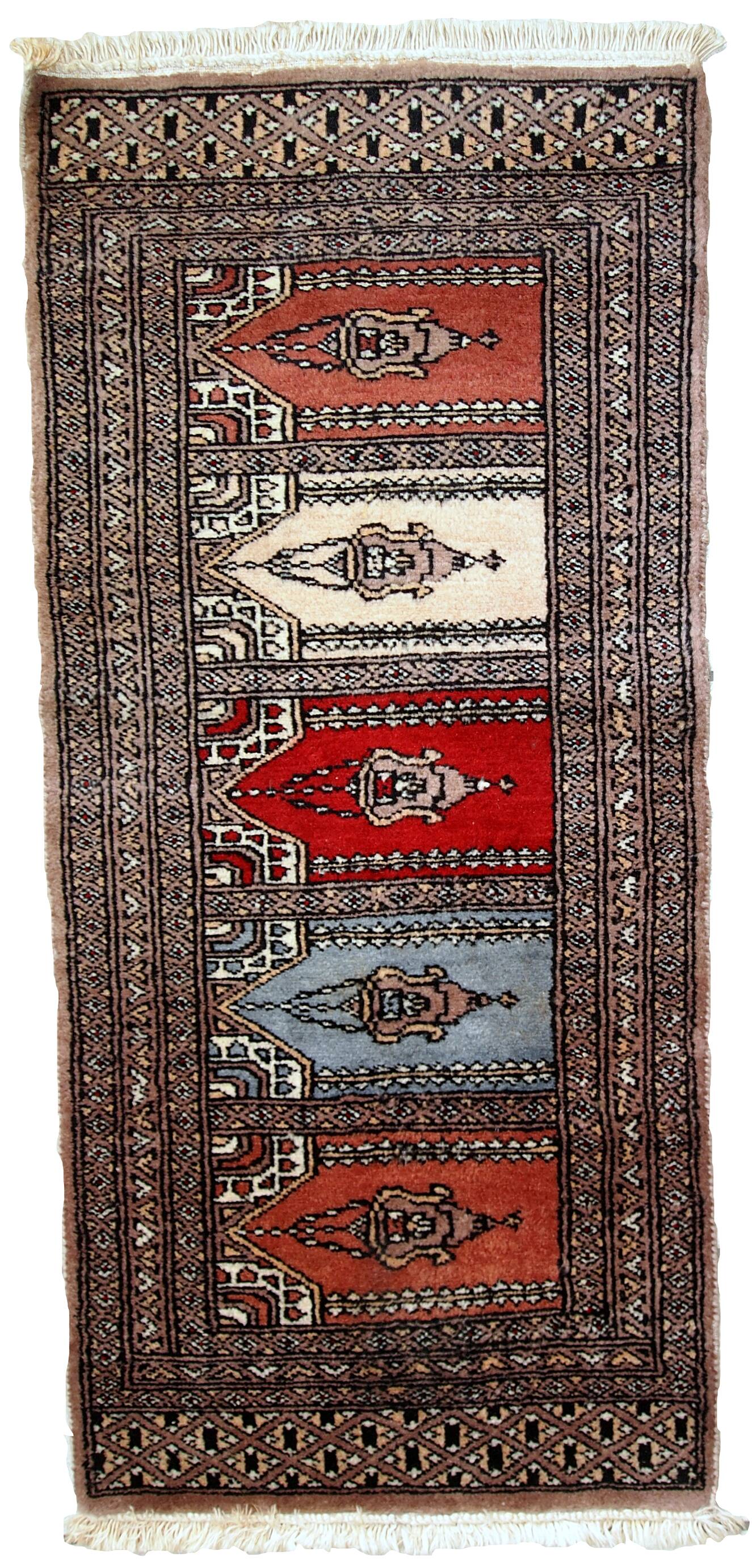 Tapis vintage fait main Bukhara de prière en laine rouge (45cm x 101cm)