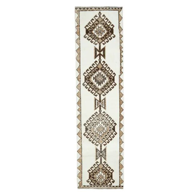 Vintage Turkish Oushak Handmade Wool Cotton White Runner Rug 84x346