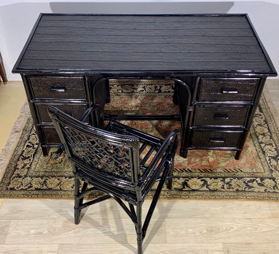 Desk and office chair in bamboo and black lacquered rattan, 60s, 70s