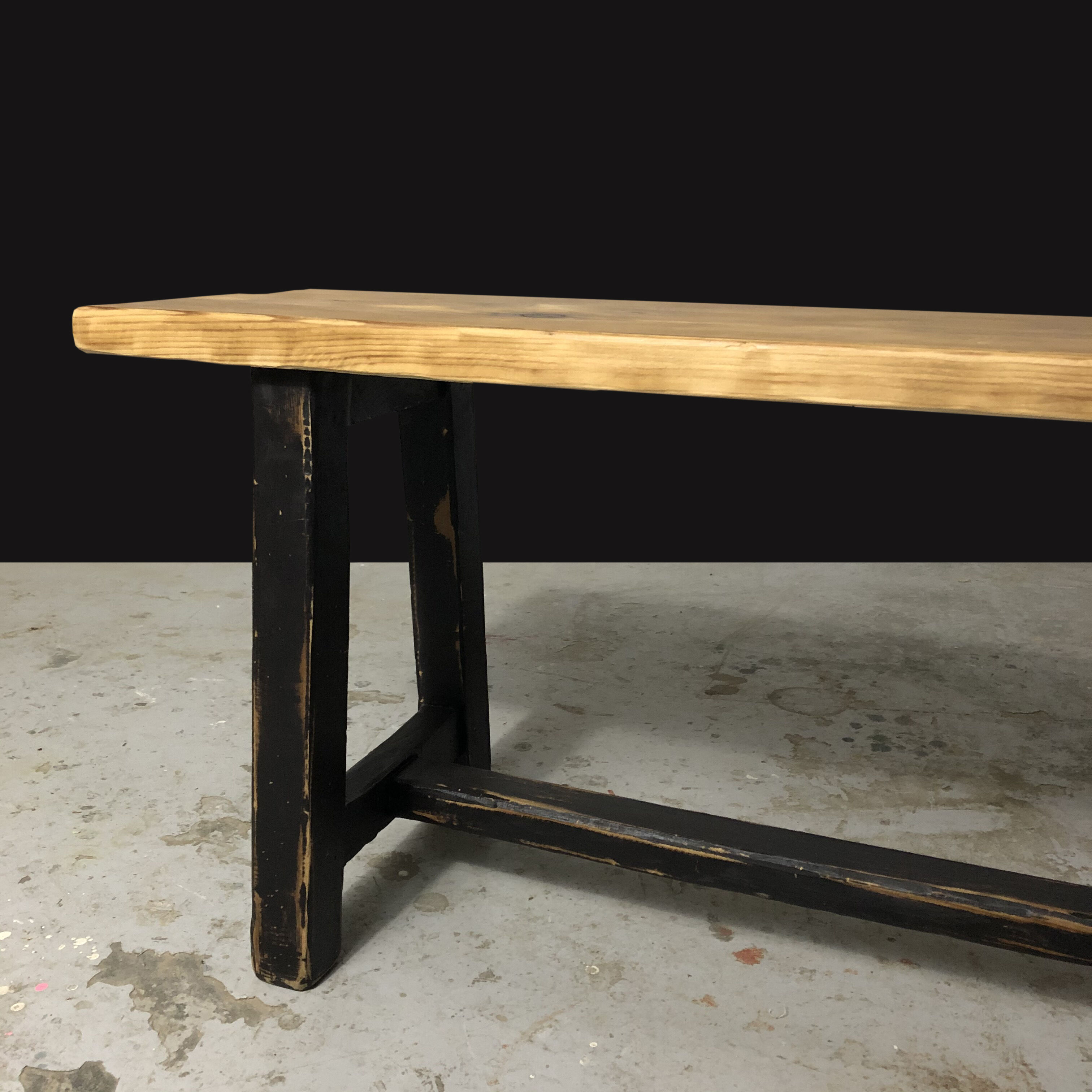 Painted wooden bench, black base, L179 cm