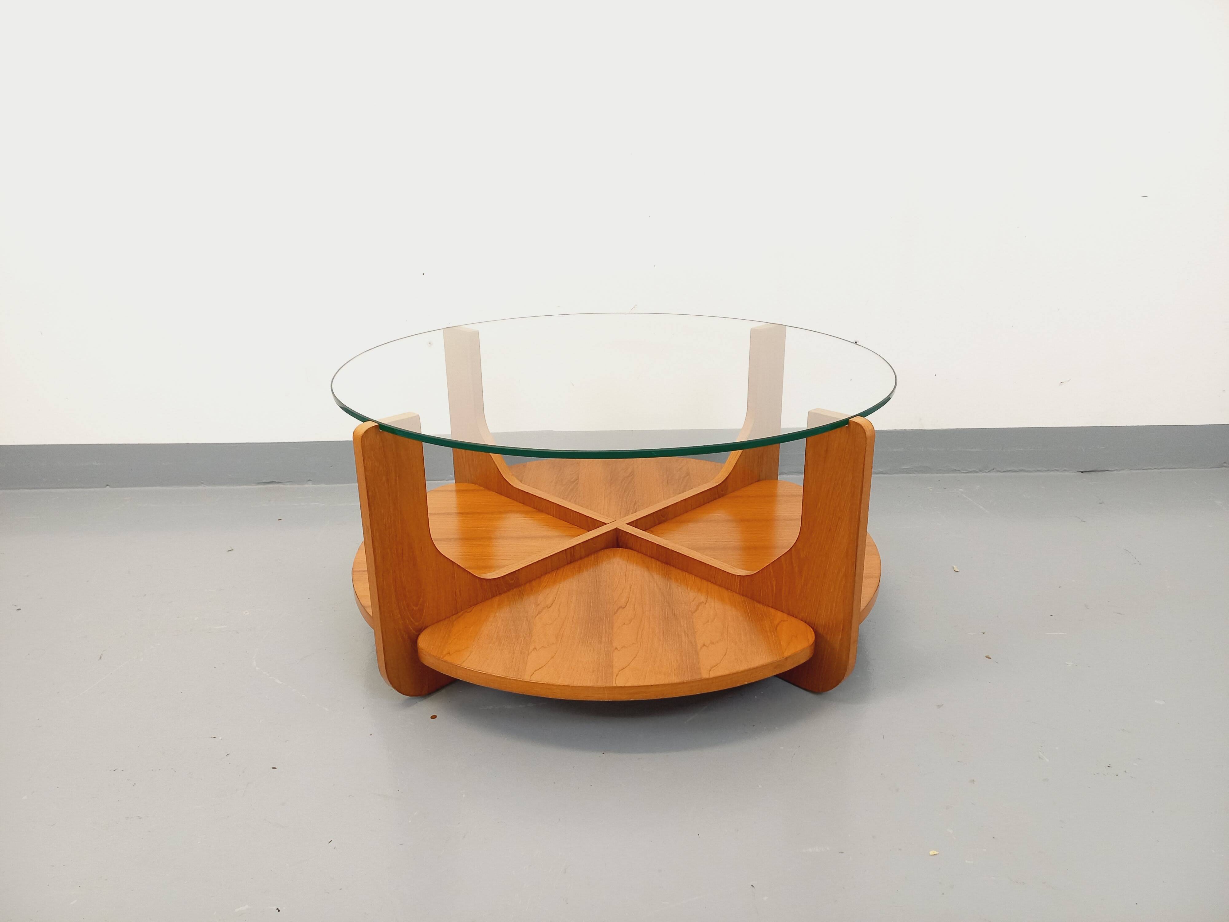 Vintage round coffee table with 2 tops by Hugues Poignant, in teak and glass