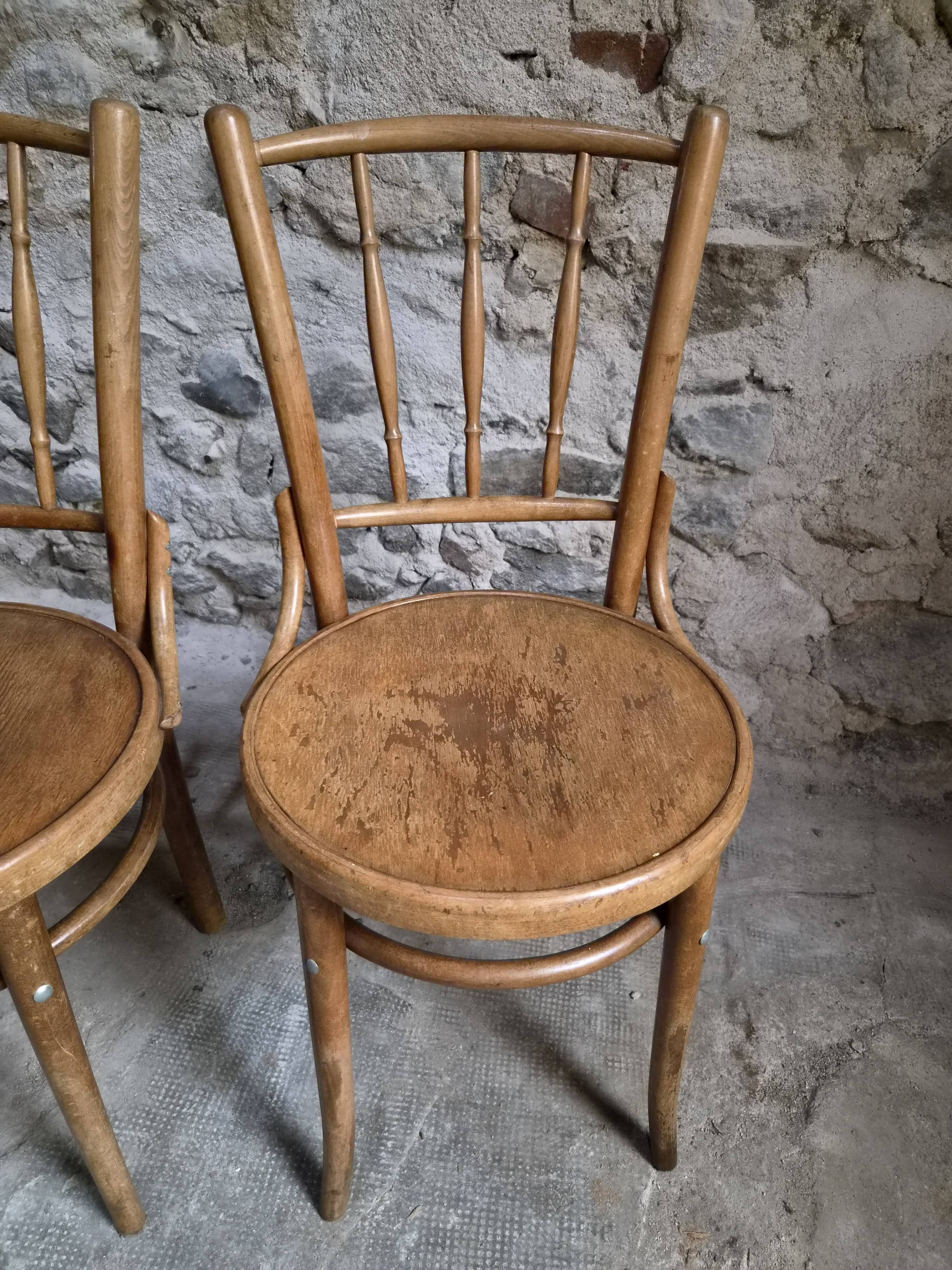 Set of 4 Fischel bentwood bistro chairs, Czechoslovakia, circa 1930–1950.