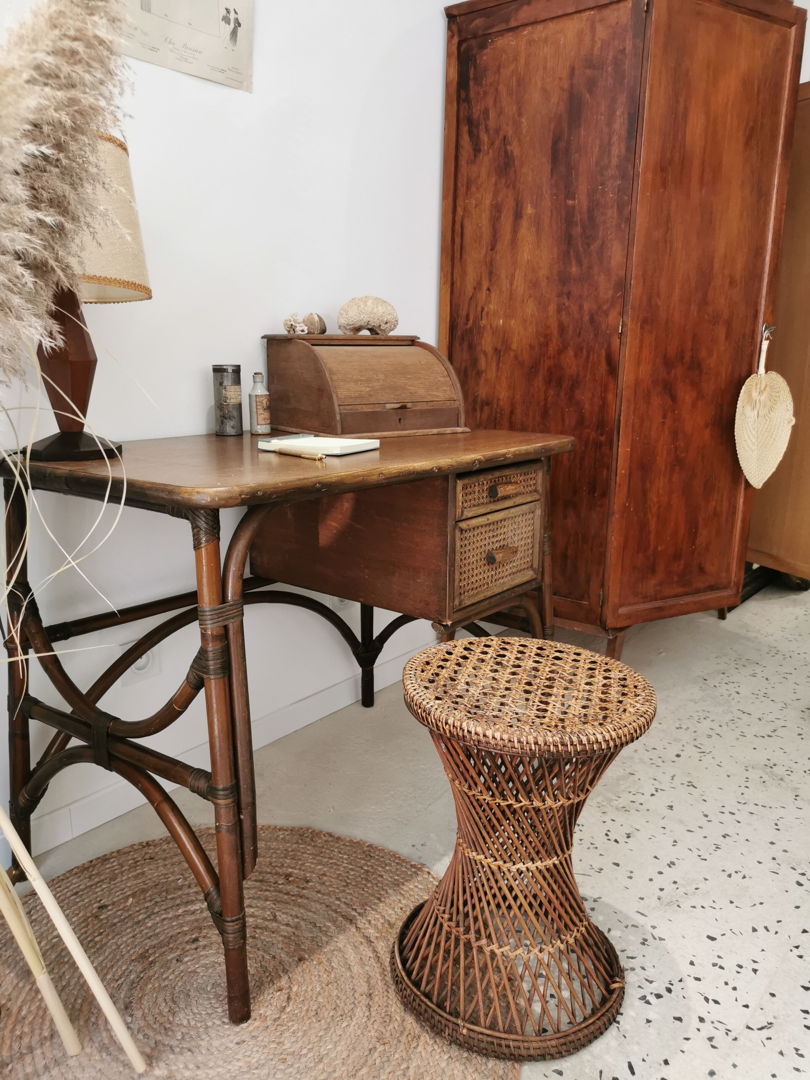 Rattan desk and vintage canning