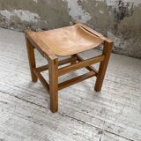Solid elm and leather stool Maison Regain