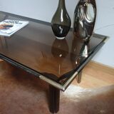 Vintage golden 70s coffee table and space age smoked glass