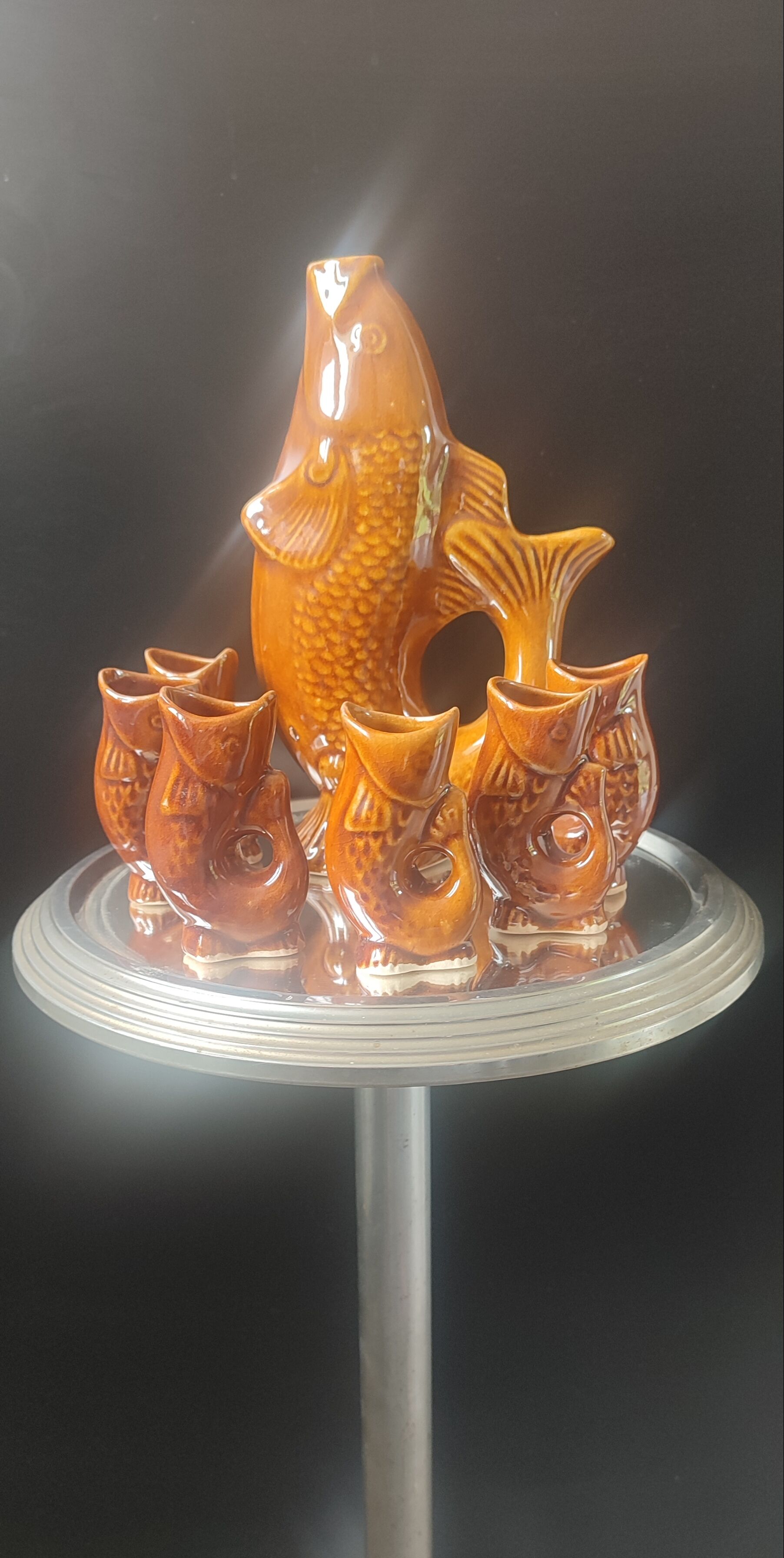 Carafe and glasses "Fish" Amber Ceramic Vintage USSR era