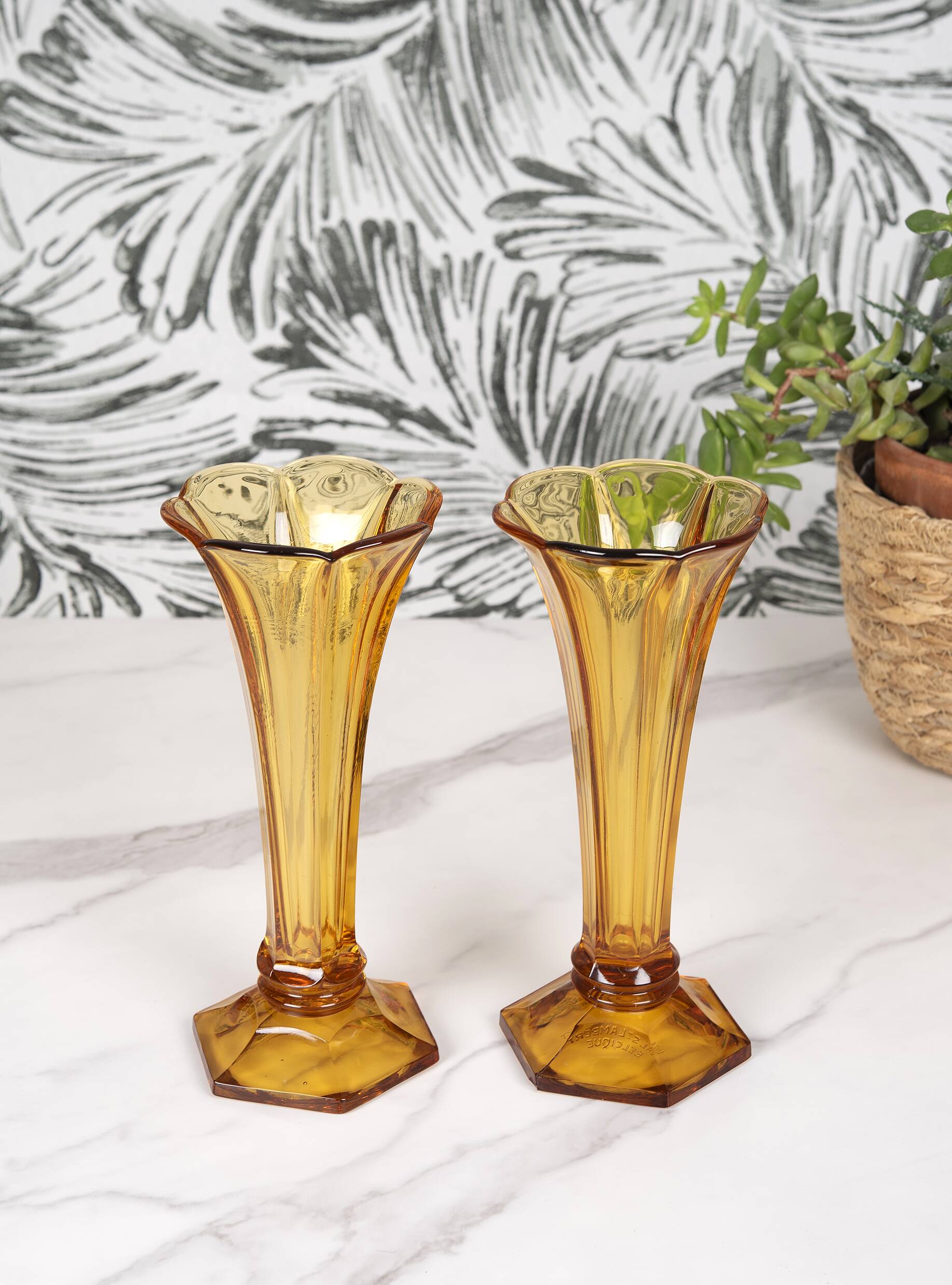 Art Deco Val Saint Lambert Belgian amber glass tulip vases, set of 2.