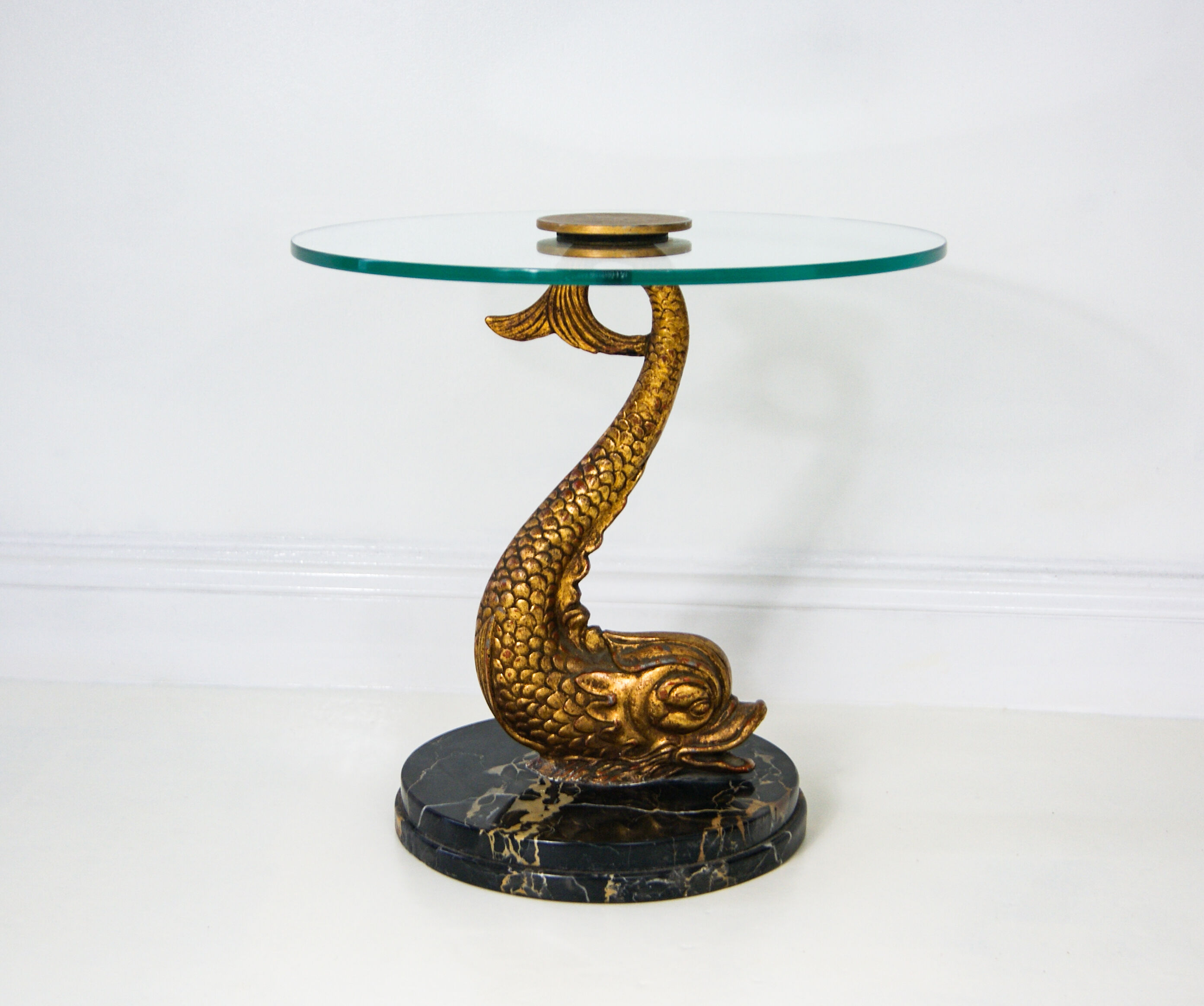 Hollywood Regency Marble and Metal Koi Fish Side Table