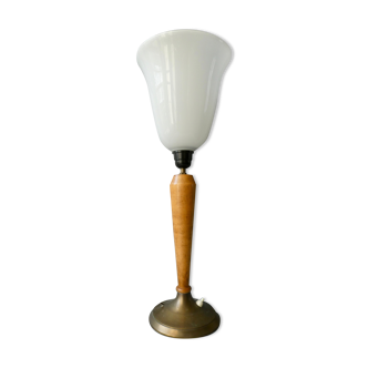 Lampe en bois métal et opaline art deco