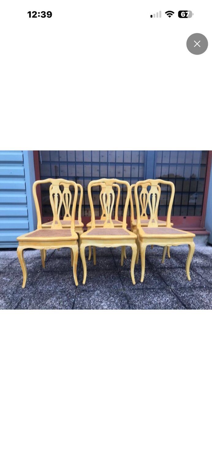 Set of 6 Cane Chairs in Provençal Louis XV Style Pale Yellow Wood