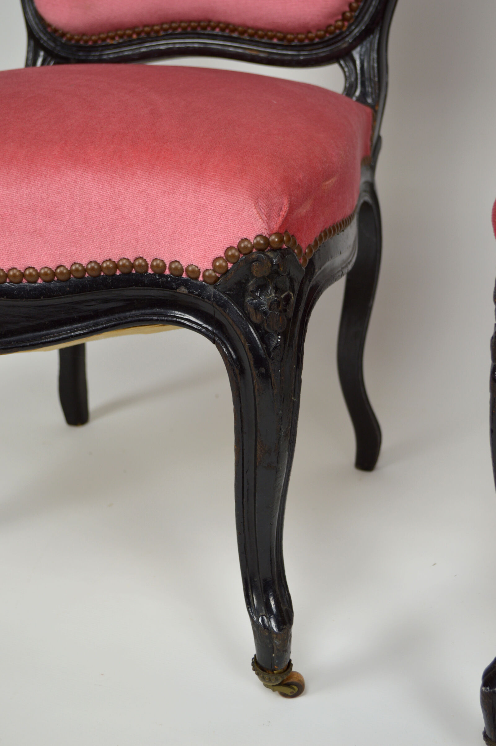 Napoleon III chairs in blackened wood and pink velvet, France, circa 1870