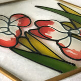 Glass box and hexagonal brass enamelled floral decoration