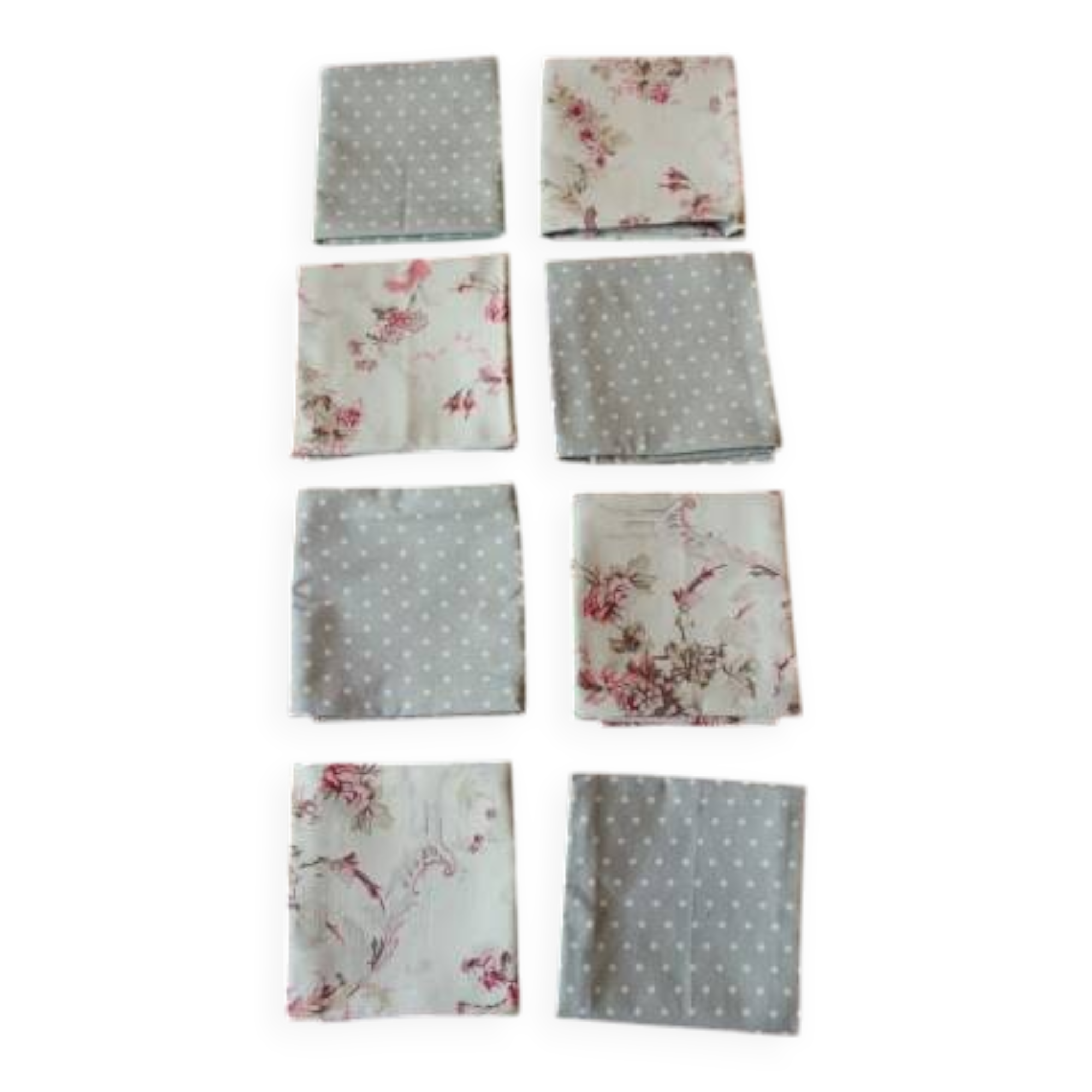 A set of 8 gray blue napkins with pink flowers and polka dots