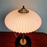 Large Scandinavian table lamp in white opaline glass and teak