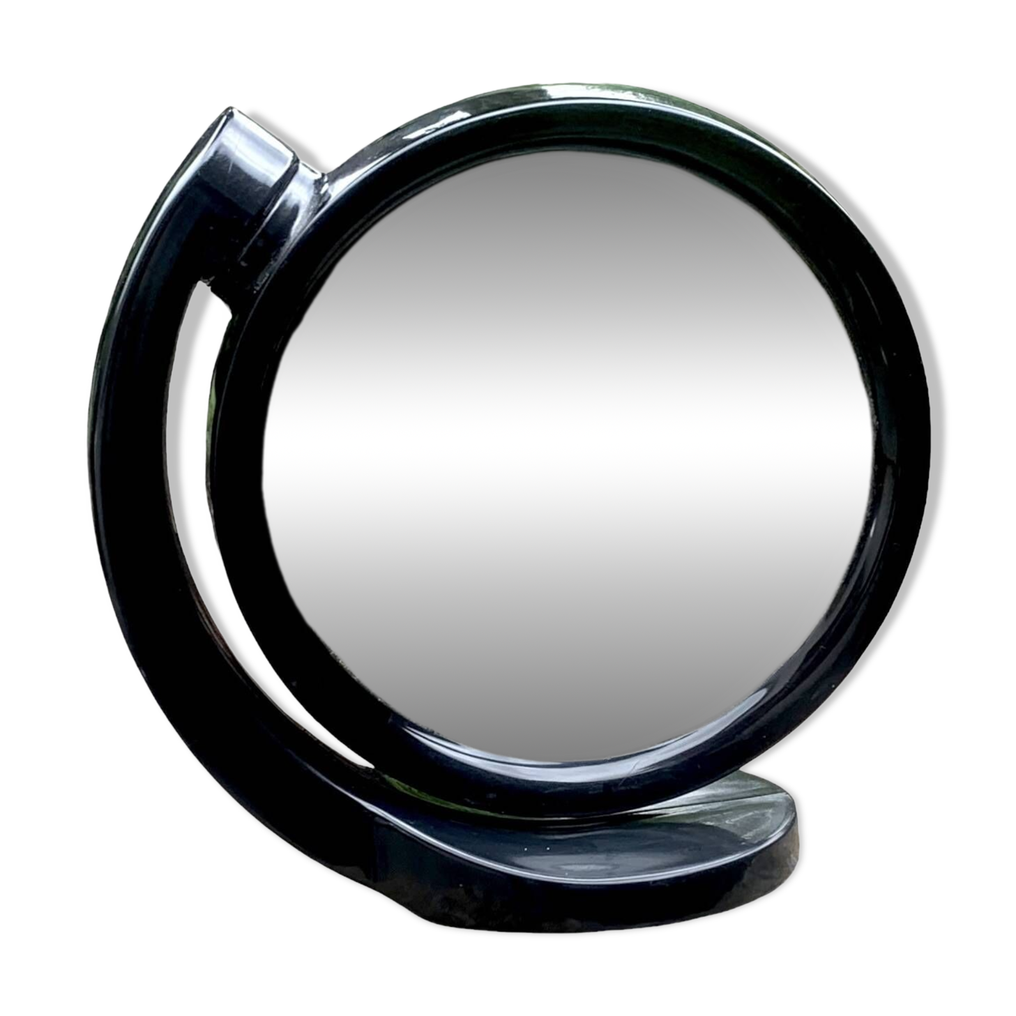 Small vintage black plastic swivel makeup mirror - Space Age Design - 1970s