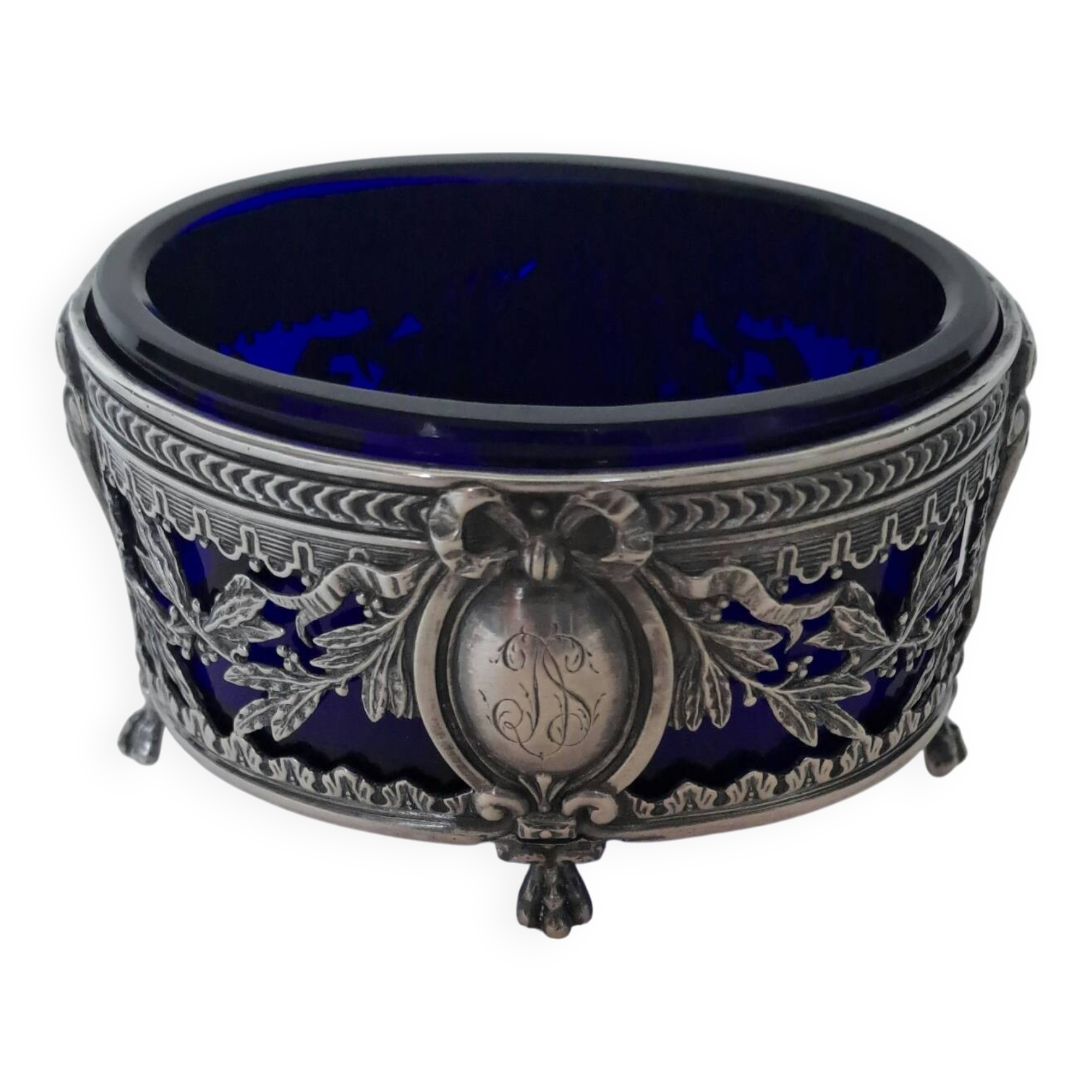 Louis XVI style salt cellar with silver collar mount and blue glass