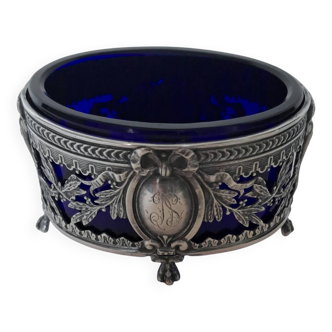 Louis XVI style salt cellar with silver collar mount and blue glass