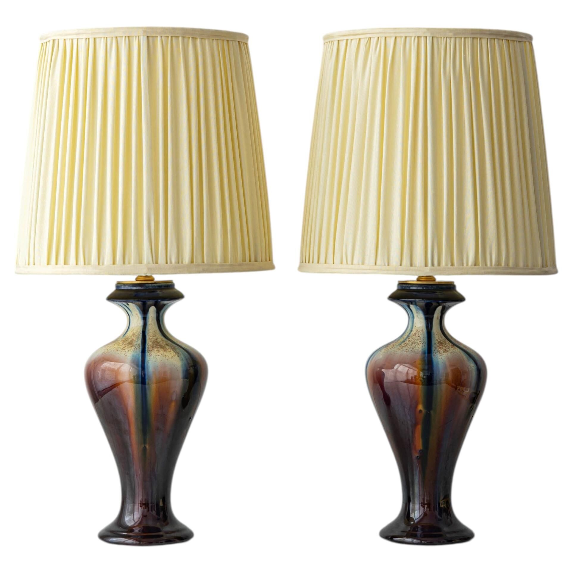 Pair of Art Deco Ceramic Table Lamps, Flambé Glaze, Belgium, 1920s, New Lampshades