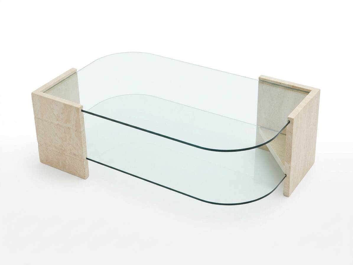 Table basse vintage en travertin et verre – Années 1970/1980