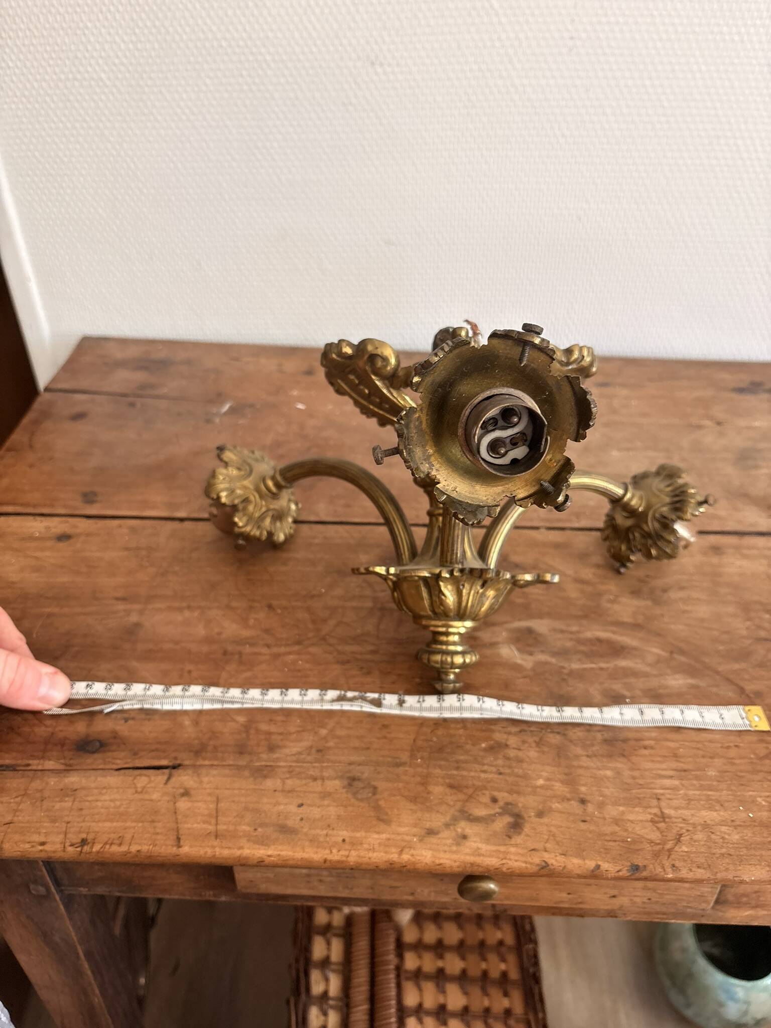 Antique Bronze Ceiling Chandelier with Fringed Glass Tulips, 3 Arms, Art Nouveau