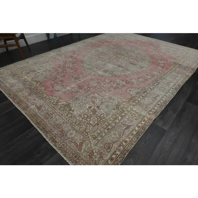 1970s Vintage Persian Handmade Wool Cotton Pink Area Rug 243x353