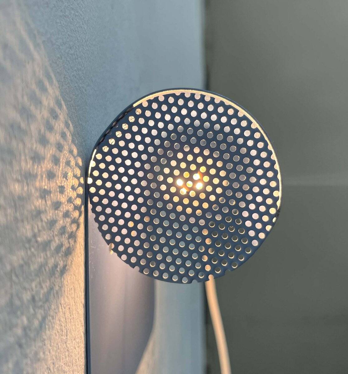 Light blue perforated metal suspension by Abo Randers, Danish postmodern, 1980s.