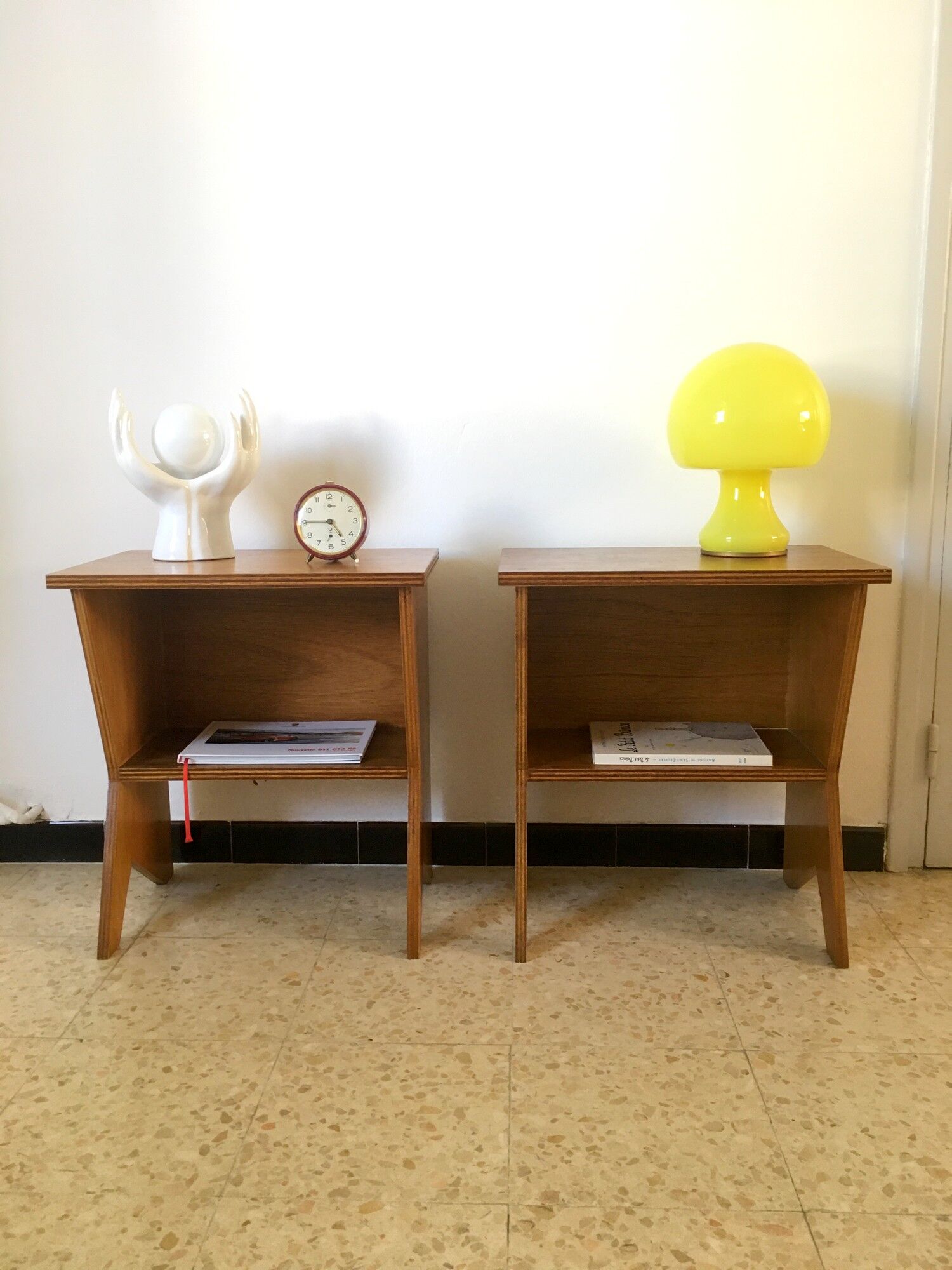 2 vintage bedside tables compass feet 50s