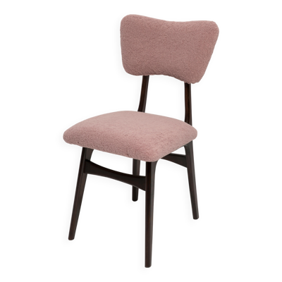 Chaise de salle à manger ''Butterfly'' mid-century en bouclé rose et bois de hêtre noyer, Pologne, 1960