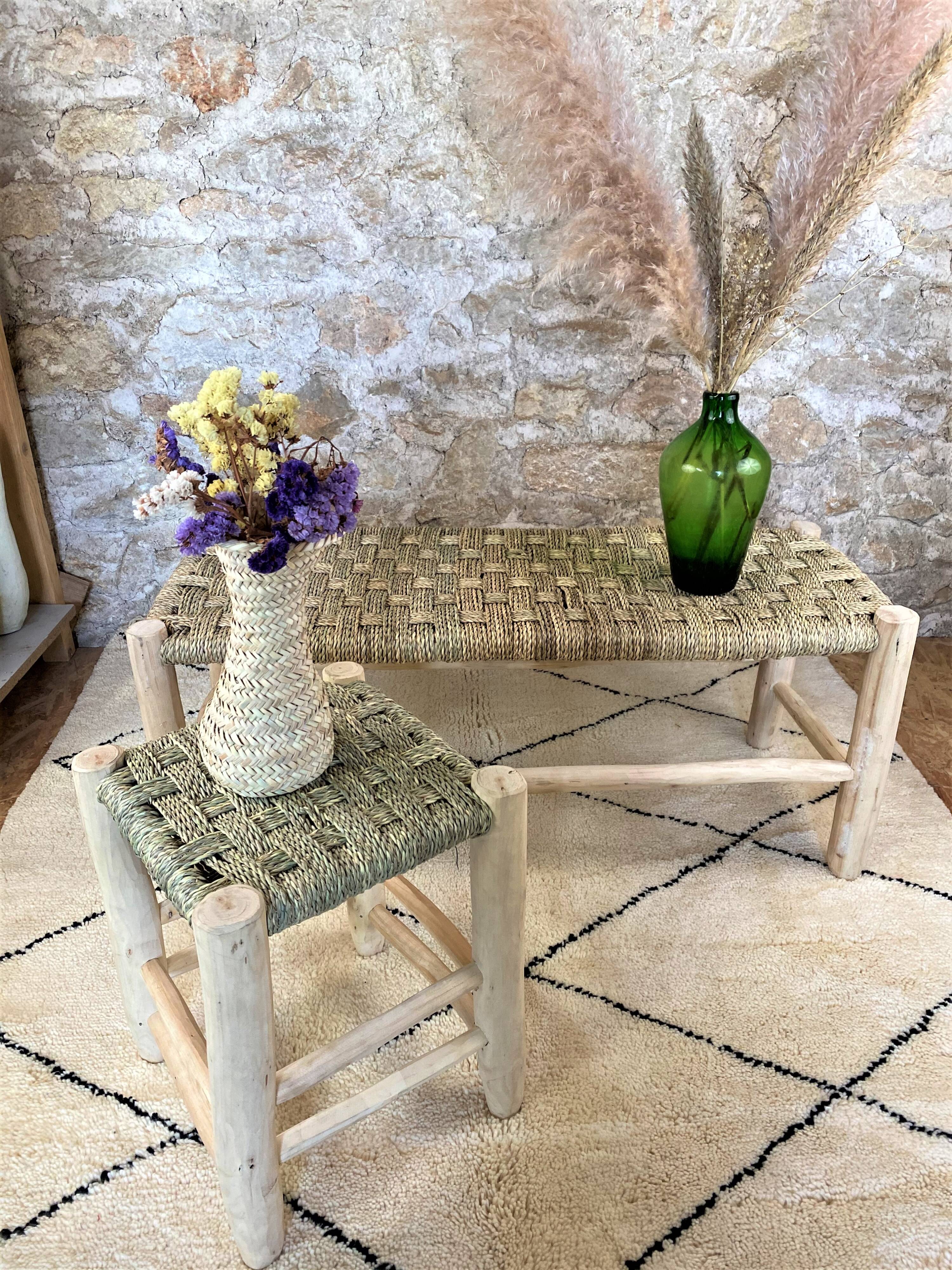 poplar bench and braided doum (palm tree)